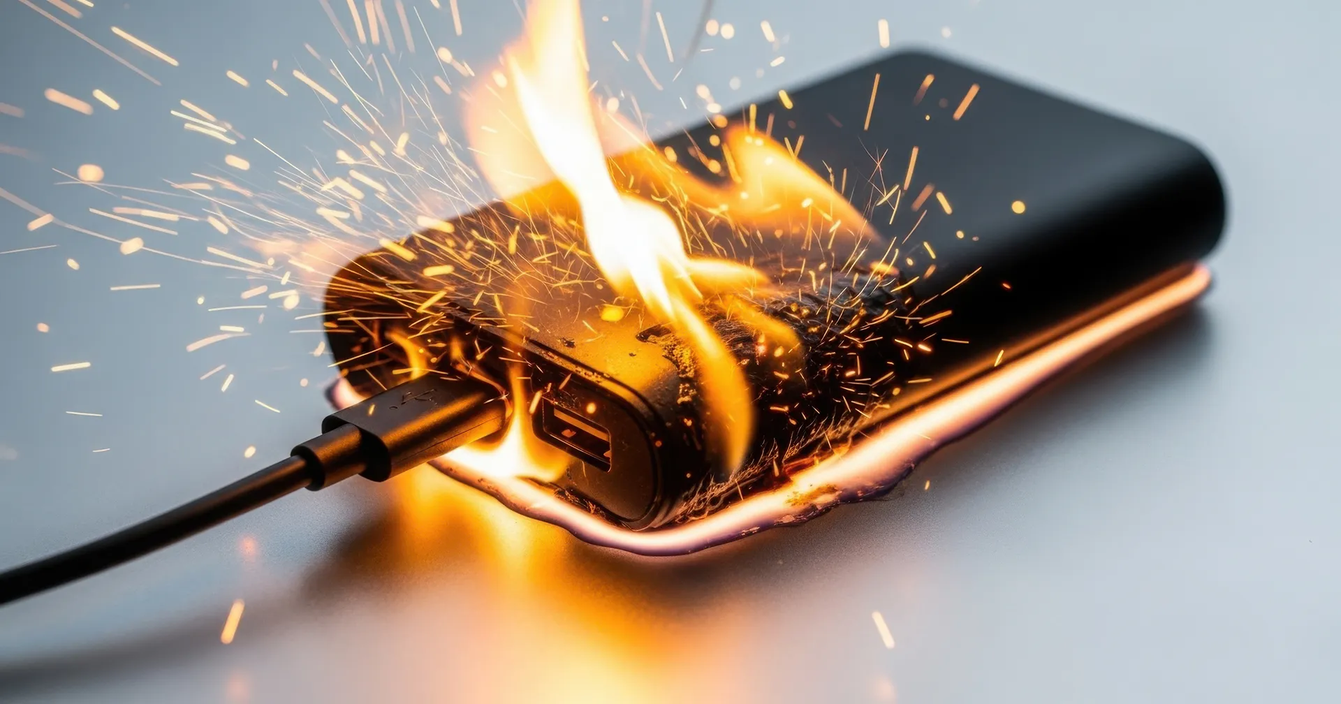 Accu van een mobiele telefoon met een snoertje eraan staat in brand